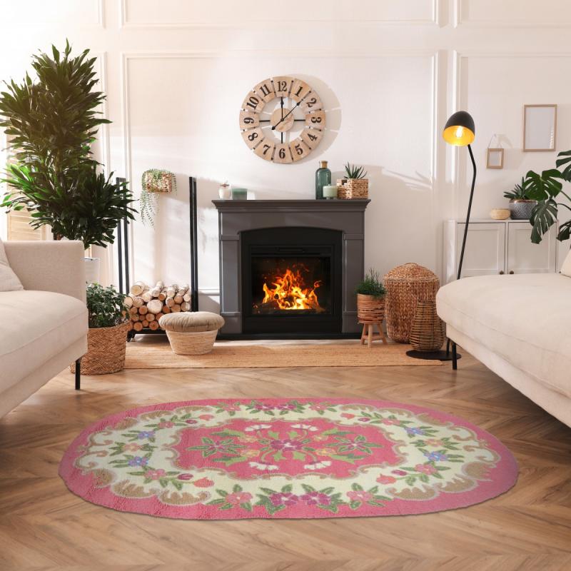 Area Rugs | Oval Area Rug 6 Feet x 4 Feet Long Pink Wool Floral Design Carpet for Living Room Area Rugs Area Rugs