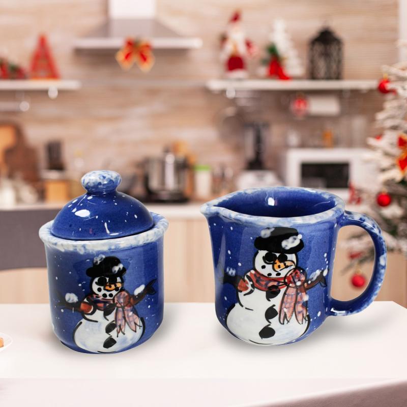 Holiday Decor | Creamer and Sugar Set Snowman Blue Ceramic Debra Kelly – Holiday Home Decor Holiday Decor